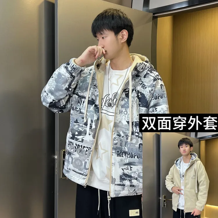 青少年学生秋冬新款高克重麂皮绒两面穿外套韩版时尚港风夹克外套