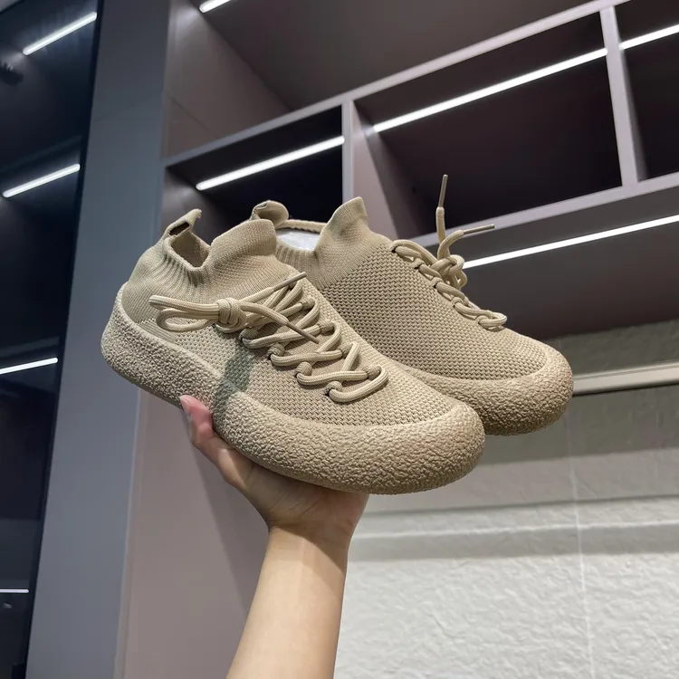 个性风！男士春夏外贸飞织网面透气一脚蹬系带时尚休闲鞋百搭潮鞋