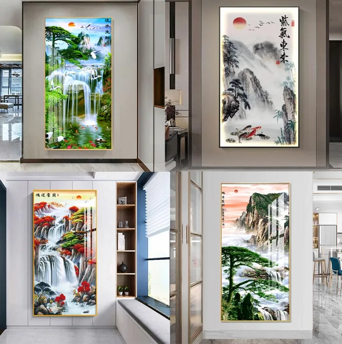 10款流水生财风景画入户玄关挂画正对门走廊过道山水画镶钻装饰画