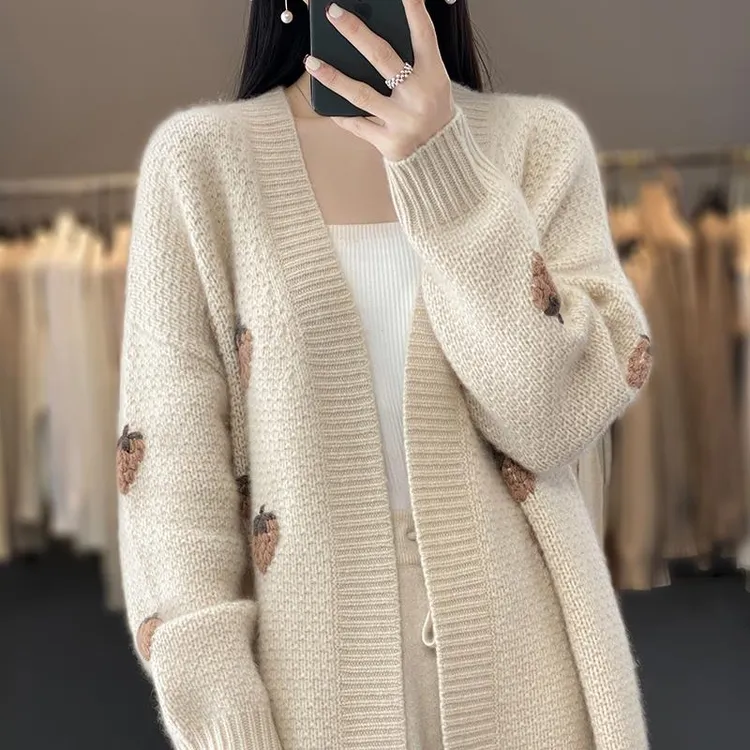 秋冬V领拼色中长款100%纯羊毛开衫女加厚外套甜美草莓羊毛衫上衣