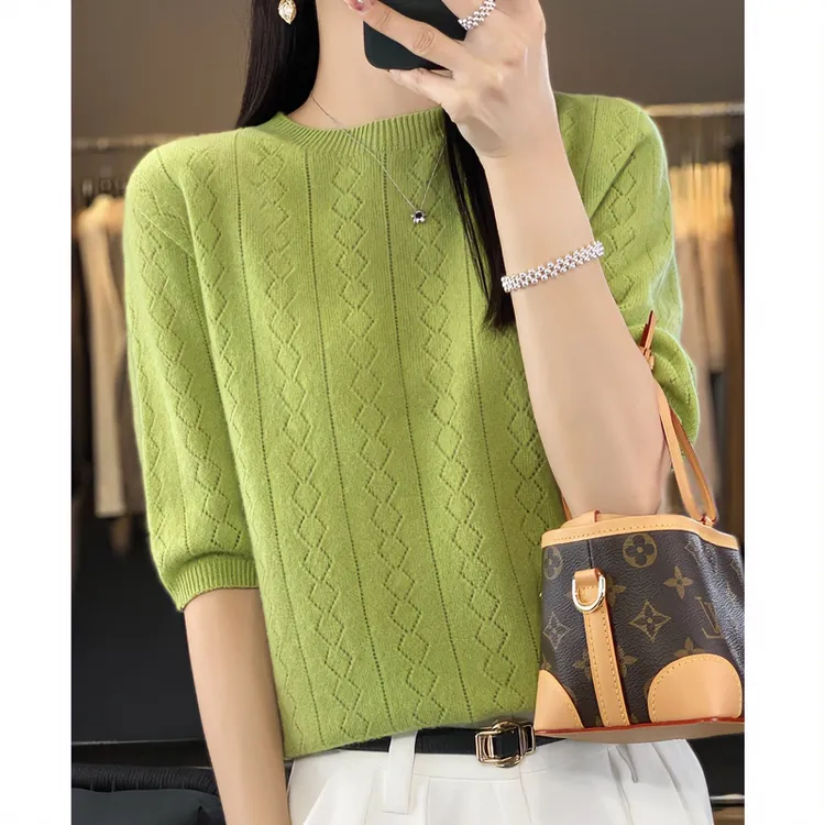 圆领半袖内搭套头打底衫女一线成衣羊毛衫100纯羊毛套头打底衫