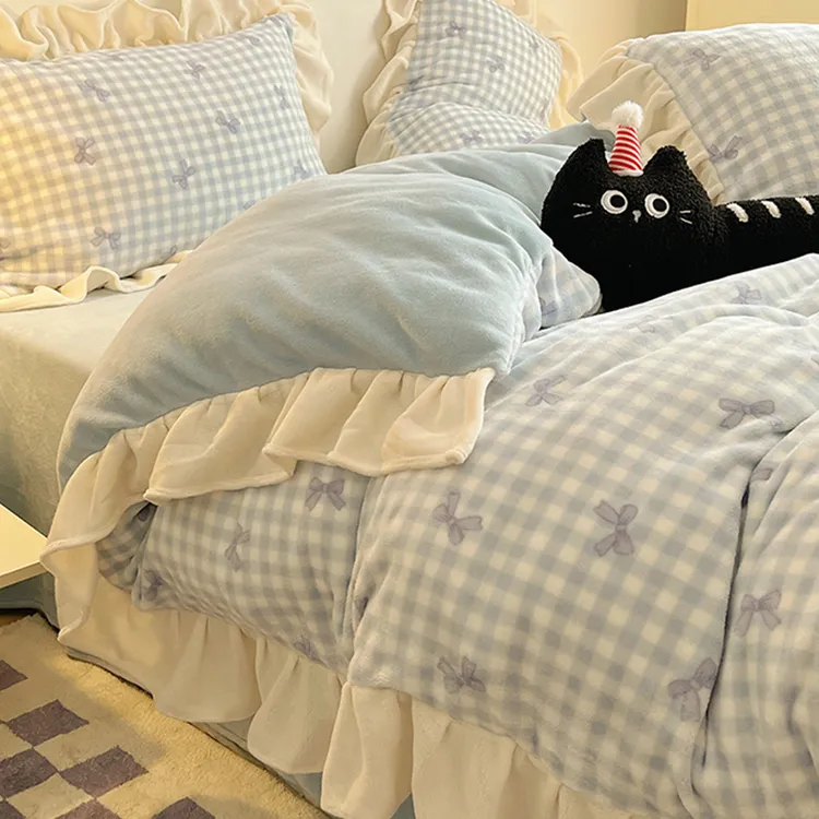 ins蝴蝶结床上四件套牛奶绒冬天季加厚珊瑚法兰绒被套床单宿舍三4