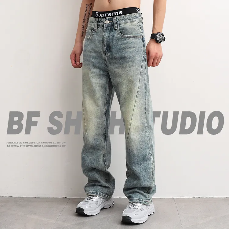 高街弯刀裤2025新款复古宽松直筒牛仔裤男款美式浅色休闲长裤子秋