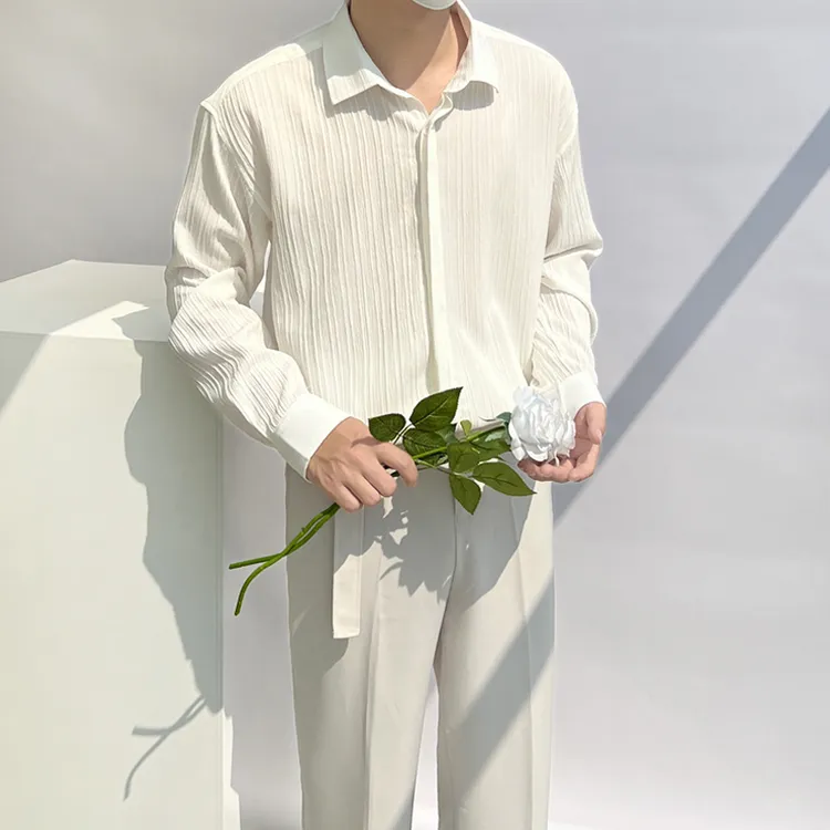 肌理设计褶皱质感男士长袖衬衫宽松免烫垂坠春夏防晒白色轻奢高级