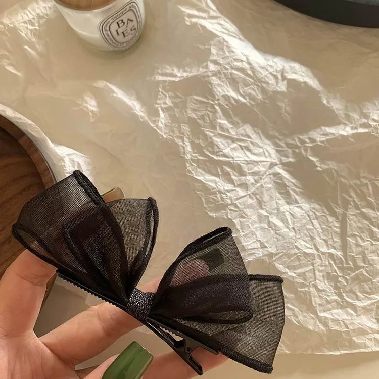 韩系风格蕾丝黑色雪纱蝴蝶结发夹头饰女网红鸭嘴夹侧边刘海夹边夹