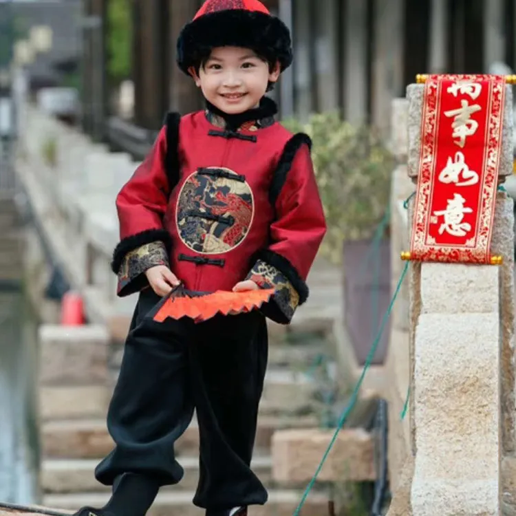 汉服男童新中式盘扣加厚两件套儿童中国风唐装宝宝红色喜庆拜年服