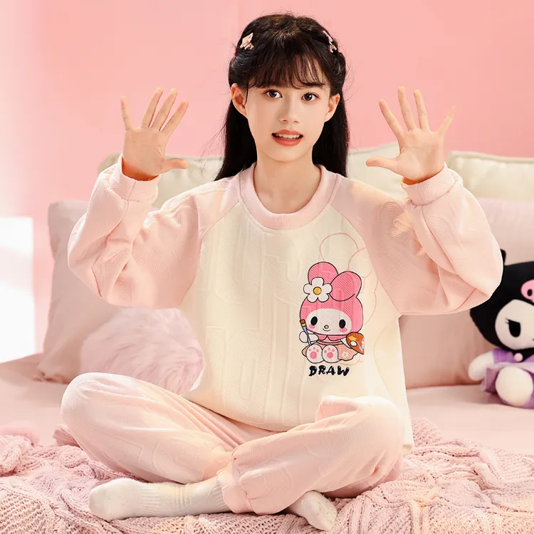亲子保暖儿童睡衣女童秋冬季薄款套装初中生夹层空气棉长袖家居服