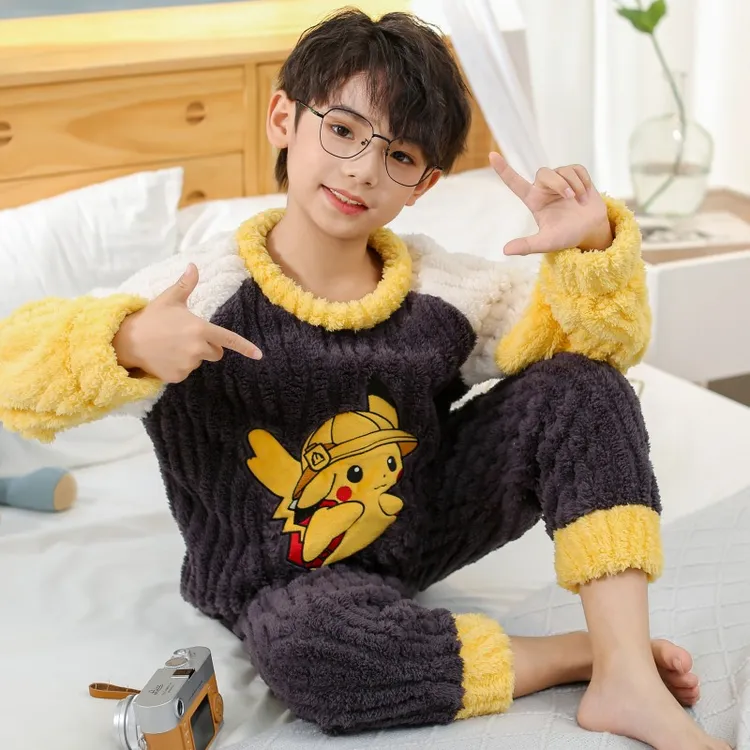 儿童睡衣秋冬季男童提花绒保暖套装中大童可外穿冬季法兰绒家居服
