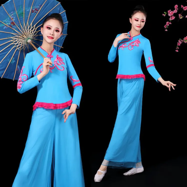 2038春夏广场舞服装新款女士跳舞长裤套装长袖七分袖套装演出服装