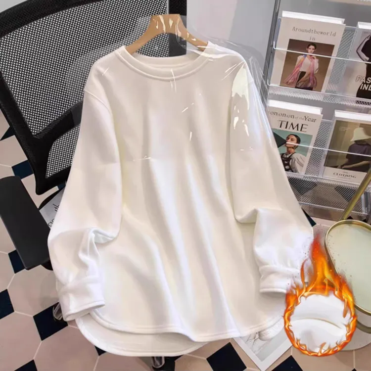 开叉长袖t恤女德绒秋冬常规款内搭打底衫宽松外穿上衣秋衣