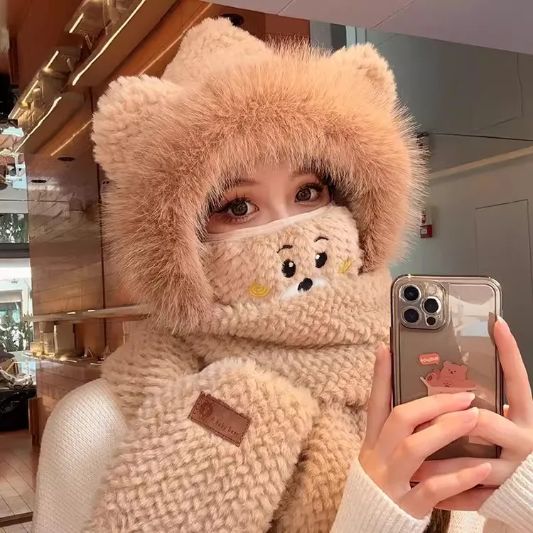 可爱小熊耳朵毛绒帽子围巾手套一体女秋冬季骑车保暖百搭护耳围脖