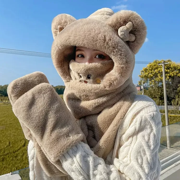 小熊耳朵加厚围巾帽子一体女冬季百搭毛绒围脖手套冬天保暖防风帽