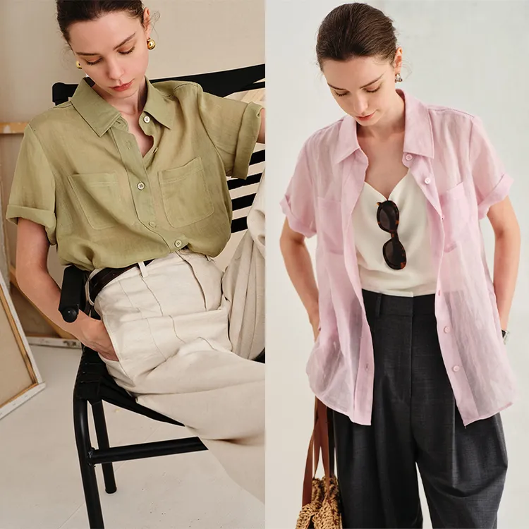 夏日幻想小众设计100苎麻轻盈透气慵懒通勤镂空刺绣法式短袖衬衫