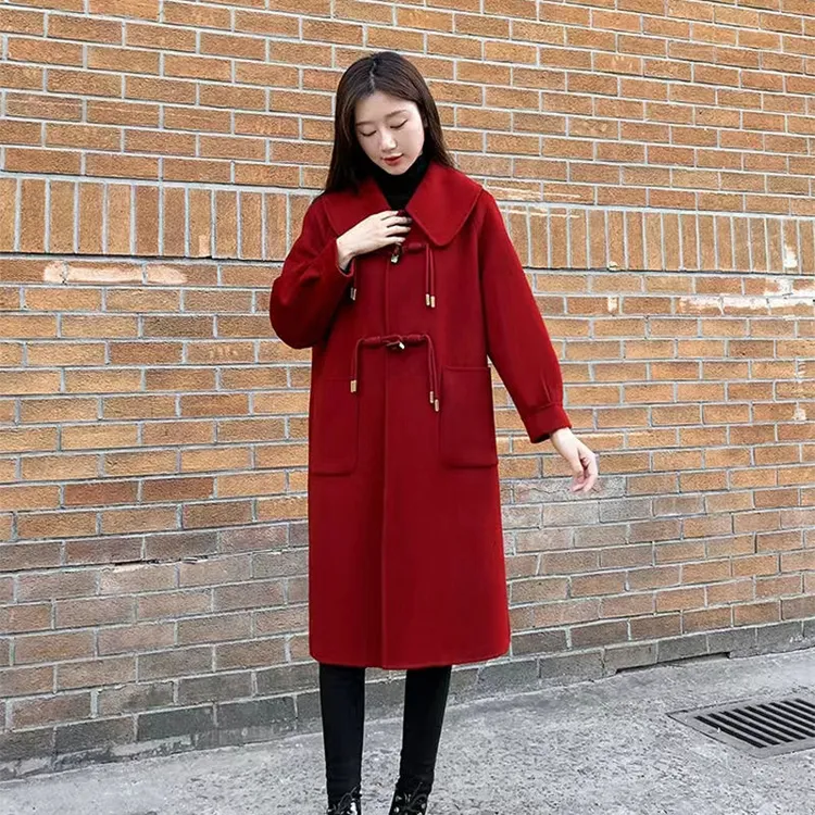 2025年秋冬新款红色牛角扣毛呢外套女中长款过年圣诞节宽松韩版