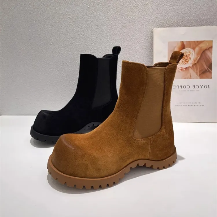 2025秋冬新款百搭内增高烟筒靴女英伦风圆头切尔西靴厚底复古短靴