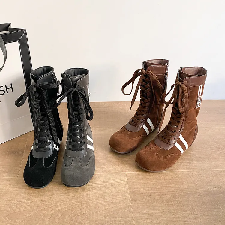牛皮版~女款内增高拳击靴真皮百搭休闲运动短靴小个子系带马丁靴