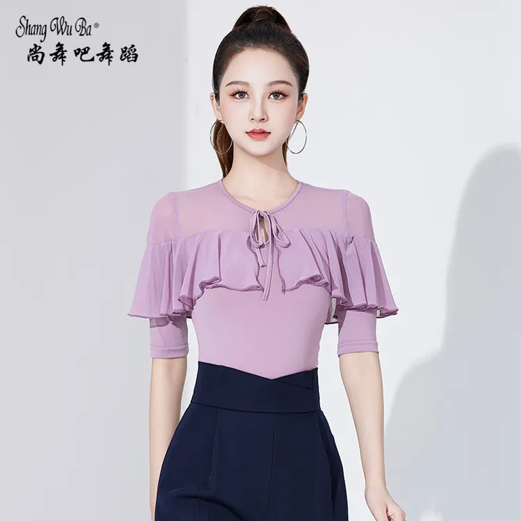 拉丁舞上衣女新款摩登舞网纱舞蹈练功服中袖跳舞舞服国标舞衣2024