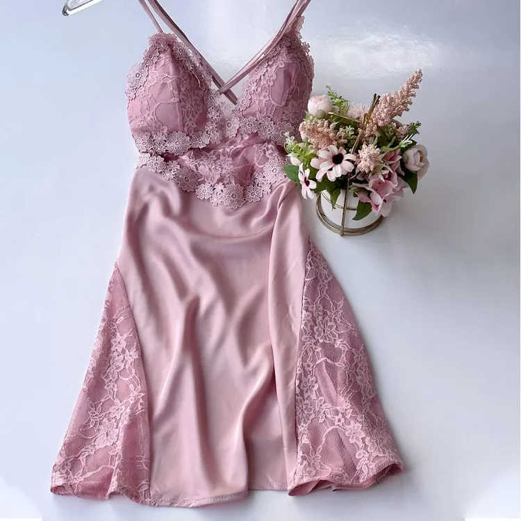 夏季睡衣女带胸垫薄款冰丝露背吊带睡裙性感蕾丝气质女士家居服
