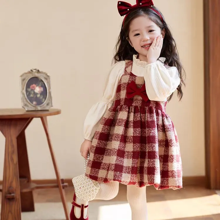 女童格子连衣裙加绒冬季复古公主裙新年时尚洋气上衣+裙子年服