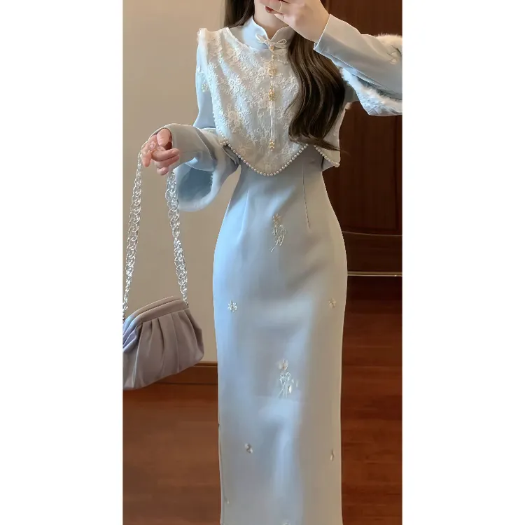 冬季加绒新中式刺绣改良旗袍连衣裙&国风盘绣背心马甲套装裙9801