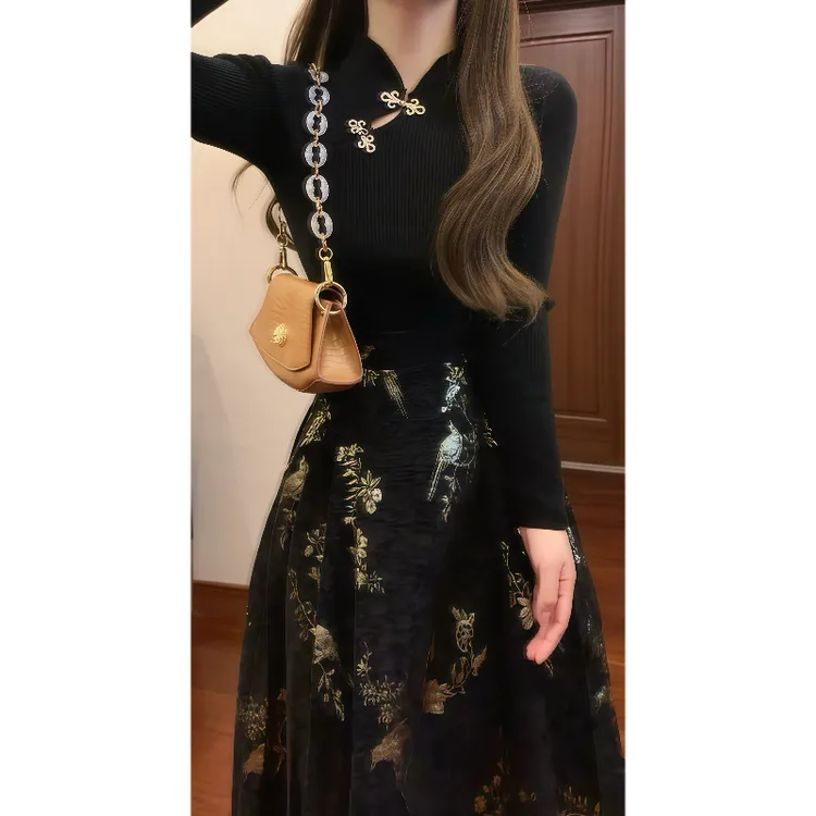 新中式国风立领盘扣泡泡袖针织衫&黑色提花半身裙马面裙套装9703