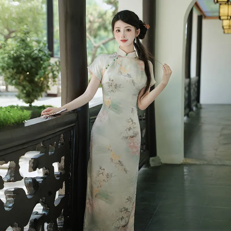 新中式国风复古小立领盘扣改良旗袍连衣裙侧开衩长裙搭开衫1145