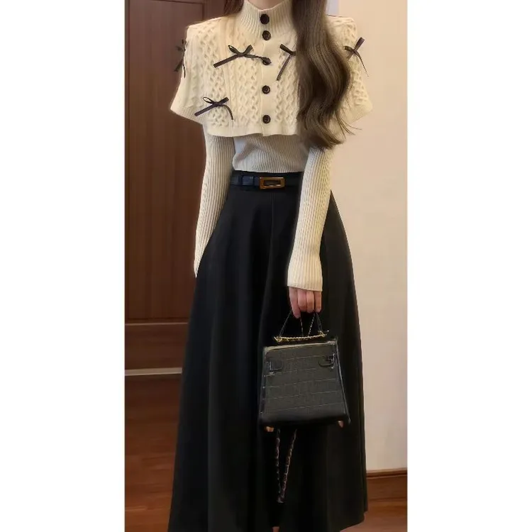 秋冬针织毛衣斗篷披肩上衣两件套&黑色高腰半身裙套装裙89321