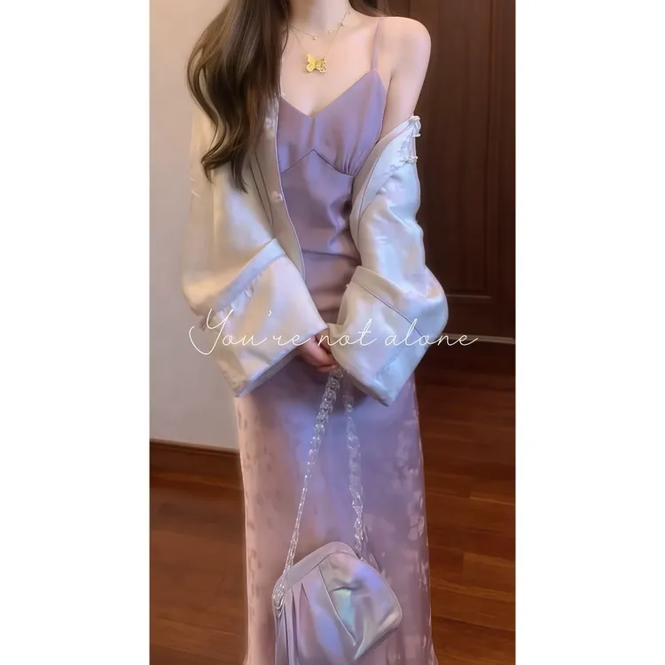 早秋新中式外套女超好看复古盘扣新国风上衣+紫色吊带裙套装88892