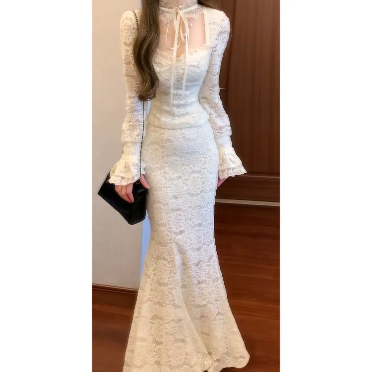 绒感千金风杏色蕾丝上衣&高腰修身鱼尾半身长裙秋冬套装裙9707