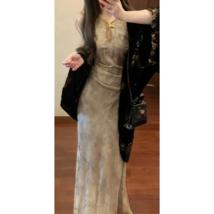 【金玉繁华】新中式鎏金图亮片连衣裙长裙&丝绒烫金斗篷外披89044