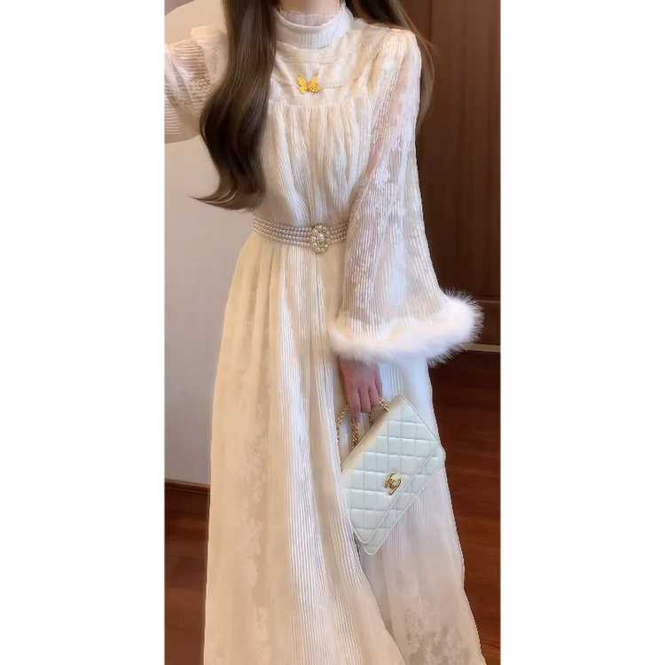 新中式国风宫廷复古压褶毛毛拼加绒改良旗袍连衣裙宽松长裙89327