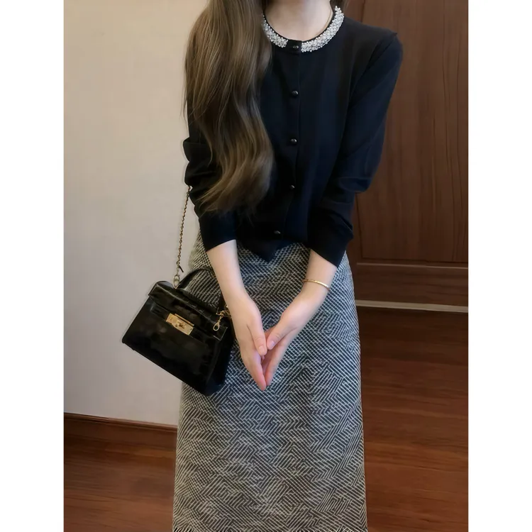 【奥哈拉千金】黑色钻领长袖针织上衣➕经典赫本小香细节控半裙88891