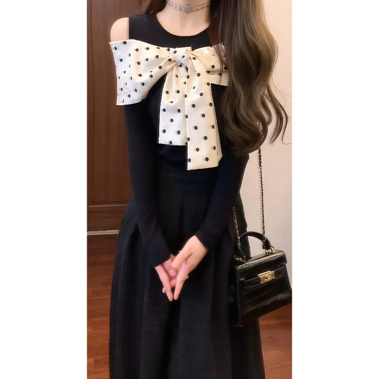【黑糖啵啵】复古赫本风波点蝴蝶结上衣&木耳边高腰百褶半裙89137