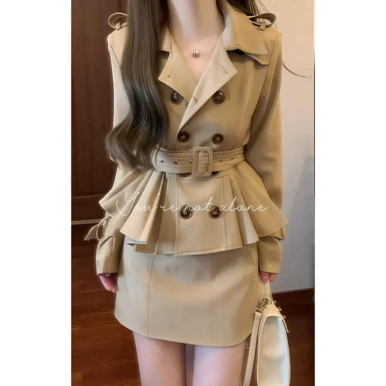 【迷雾柏林】卡其双排扣外套女&裙裤
