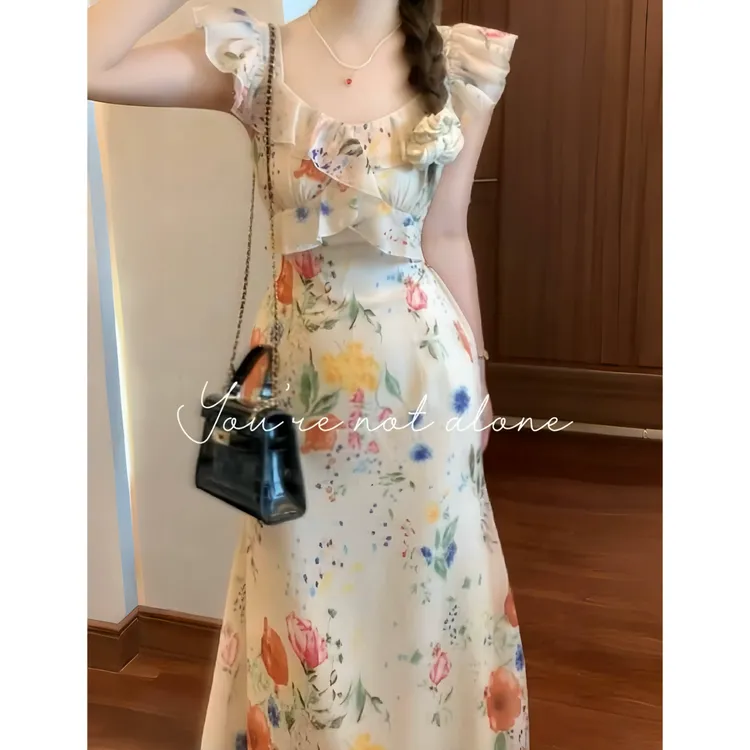 法式浪漫温柔荷叶边印花飞飞袖连衣裙女中长款无袖鱼尾裙子666