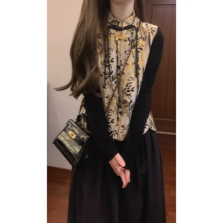 【金枝玉叶】新中式国风提花织金加绒马甲&黑色改良旗袍连衣裙89276