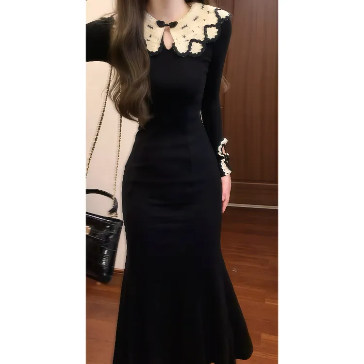 法式宫廷复古小众娃娃领针织连衣裙显瘦小黑裙修身鱼尾长裙89152
