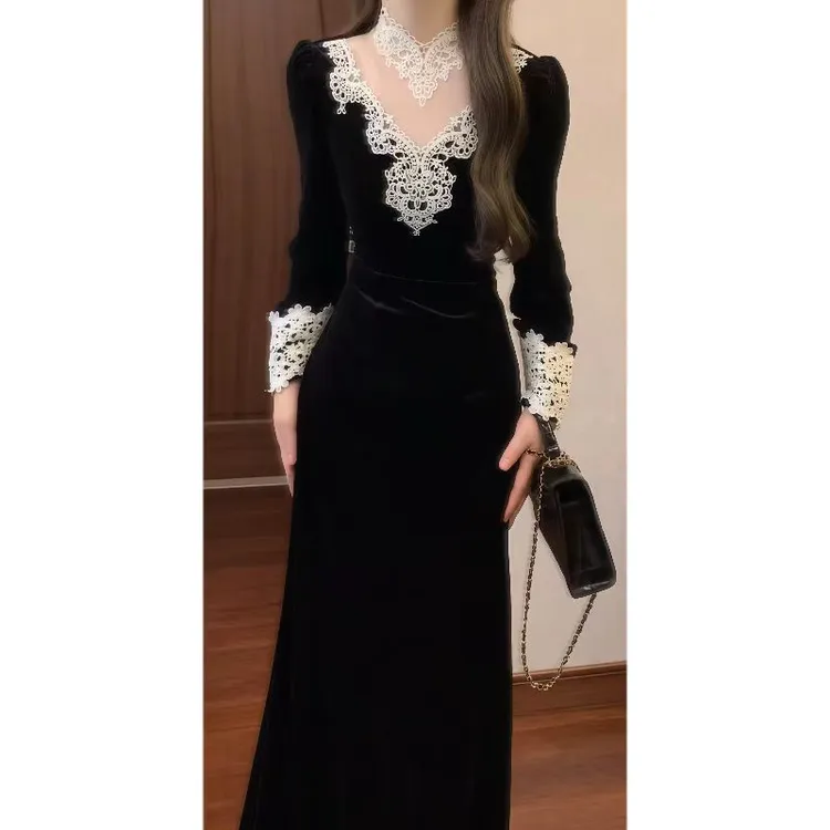 法式宫廷复古重工蕾丝拼黑色丝绒连衣裙晚宴会礼服鱼尾长裙89191