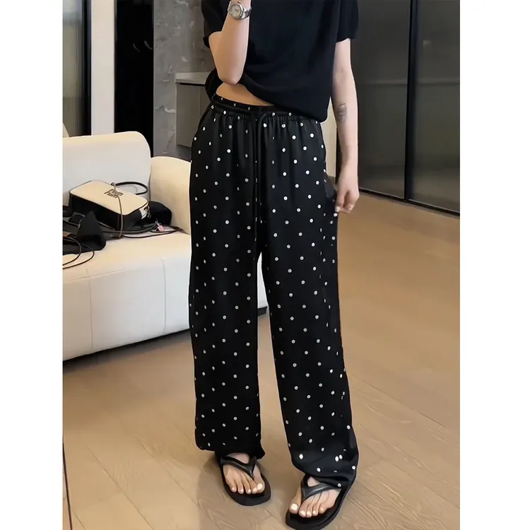 现货早秋波点弯刀裤窄版阔腿裤女薄款大码微胖垂感休闲直筒拖地裤