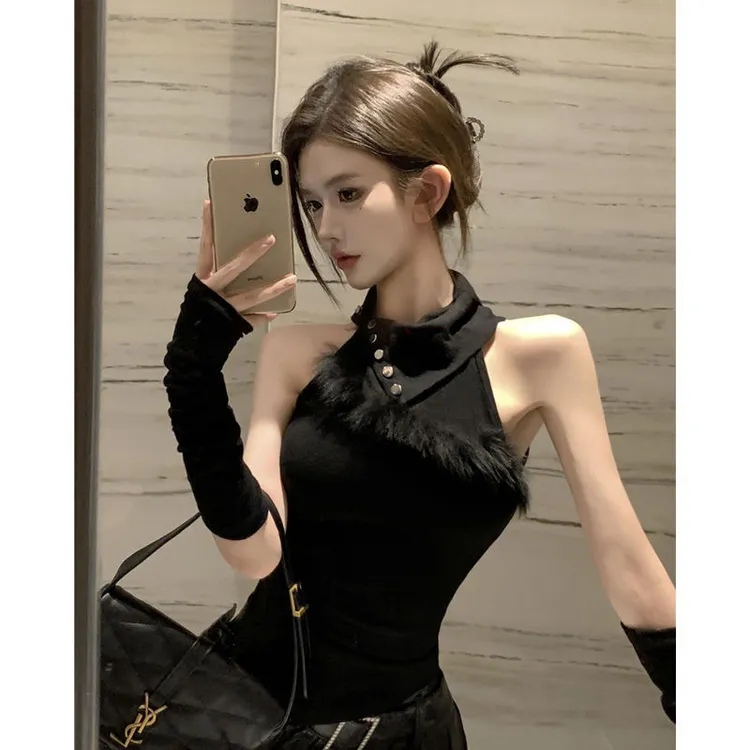 不规则毛毛拼接T恤女春秋辣妹小心机设计感修身打底衫袖套上衣潮