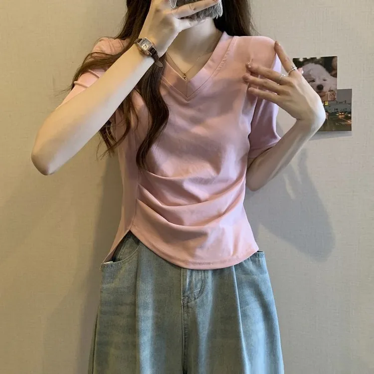 纯棉修身遮肉不规则褶皱v领正肩上衣百搭小众设计感夏季短袖T恤女