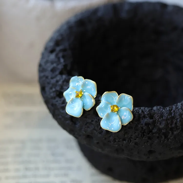 铜合金合成锆石耳饰 超仙法式复古滴釉花朵黄钻耳环轻奢高级耳饰