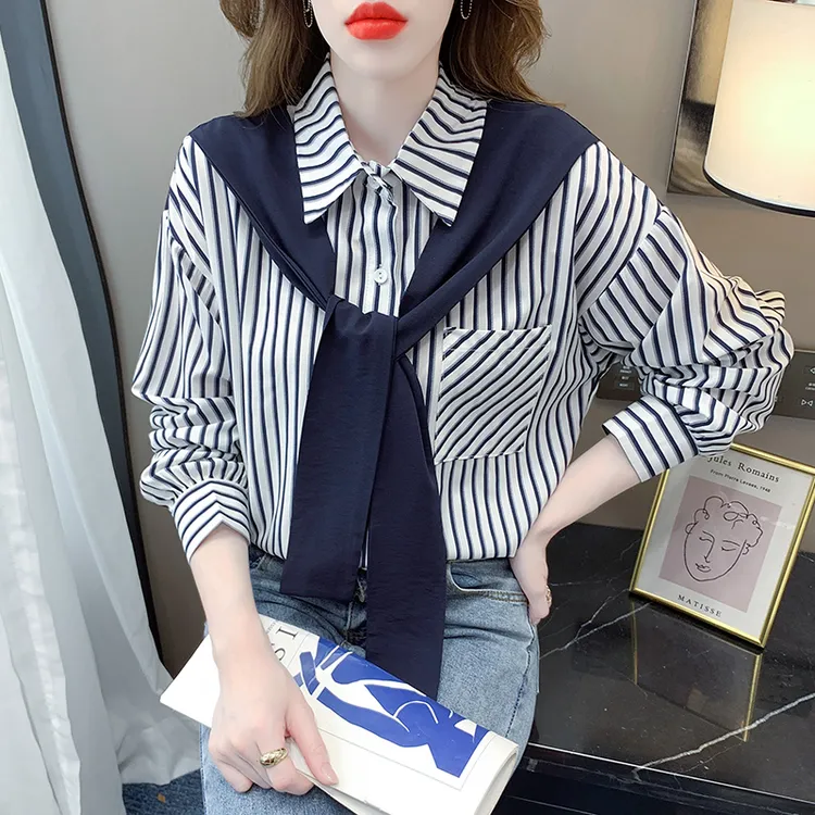 假两件衬衫女2023秋季新款韩版宽松披肩长袖竖条纹设计感小众上衣