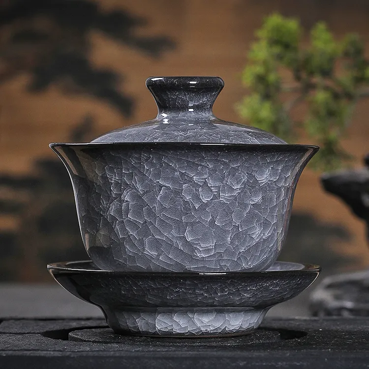 青瓷盖碗茶杯单个陶瓷龙泉黑冰功夫茶具套装裂纹茶碗遇水化冰家用
