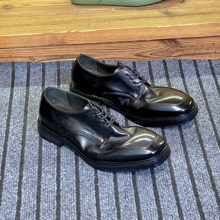 NORTHER新款商务休闲皮鞋手工擦色系带方头男士马皮鞋时尚黑色