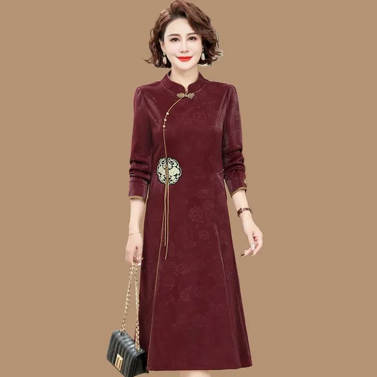 妈妈春秋新中式改良旗袍连衣裙女国风春装新款阔太太婚宴礼服裙子