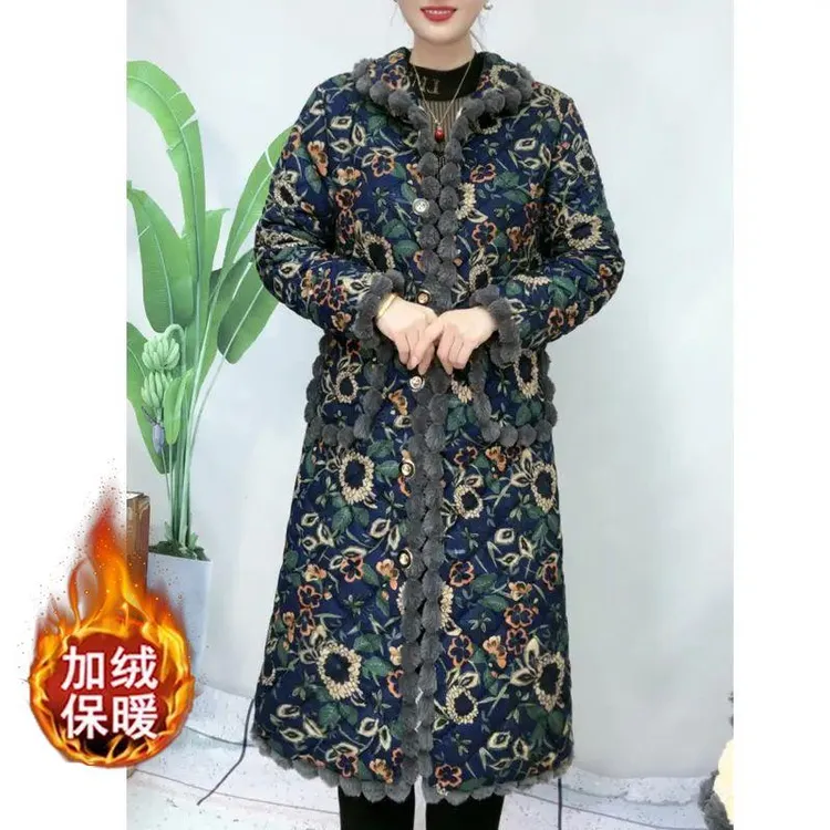 中老年女秋冬季大码棉服妈妈装碎花长款棉衣加绒加厚奶奶棉袄外套