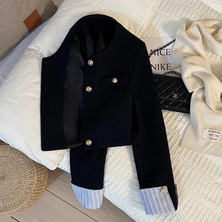 藏青色拼接设计小香风西装短外套女秋季新款韩版超好看上衣潮百搭