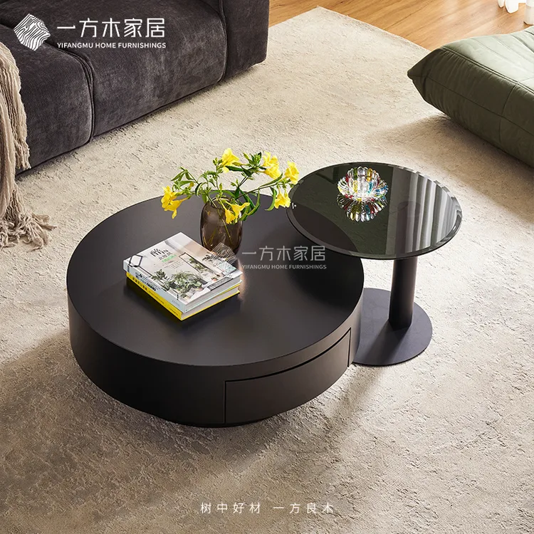 亮黑茶几轻奢现代客厅家用意式极简黑色圆形不锈钢网红简约储物几