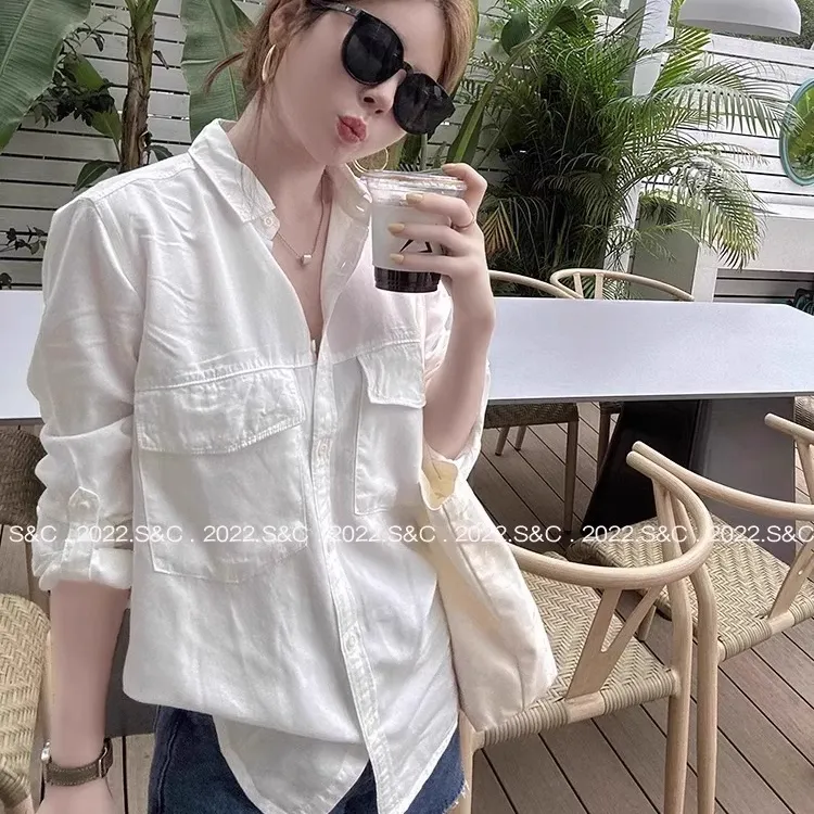 2024夏季天丝绵可卷袖正肩天丝绵垂感衬衫宽松设计感白色衬衣女